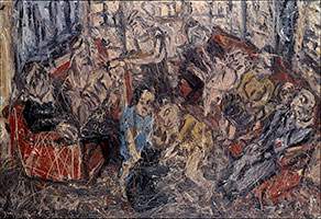 Leon Kossoff / 
Family Party, January, 1983 / 
oil on board / 
66 x 98 1/4 in. (167.6 x 249.6 cm) / 
Inv# LK10-3a