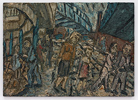 Leon Kossoff / 
Outside Kilburn Underground, Indian Summer: for Rosalind, 1978 / 
oil on board / 
60 3/8 x 84 1/4 in. (153.4 x 214 cm) / 
Inv# LK94-9