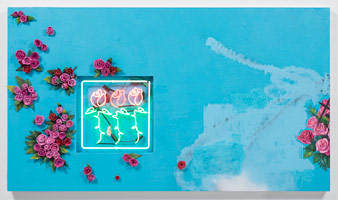 Patrick Martinez / 
los angeles flower still life, 2016 / 
ceramic, neon and mixed media on panel with wall stucco / 
48 x 84 in. (121.9 x 213.4 cm)
