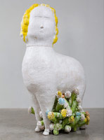 Matt Wedel / 
Sheep with flowers, 2013 / 
ceramic / 
top: 39 1/2 x 32 x 29 in. (100.3 x 81.3 x 73.7 cm) / 
base: 78 1/2 x 62 x 43 in. (199.4 x 157.5 x 109.2 cm) / 
Private collection