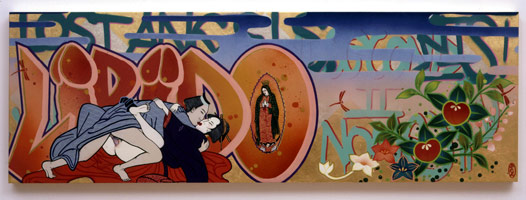 Gajin Fujita / 
Libido, 2002 / 
spray paint, acrylic & gold leaf on wood panels / 
16 x 48 in (40.6 x 121.9 cm)