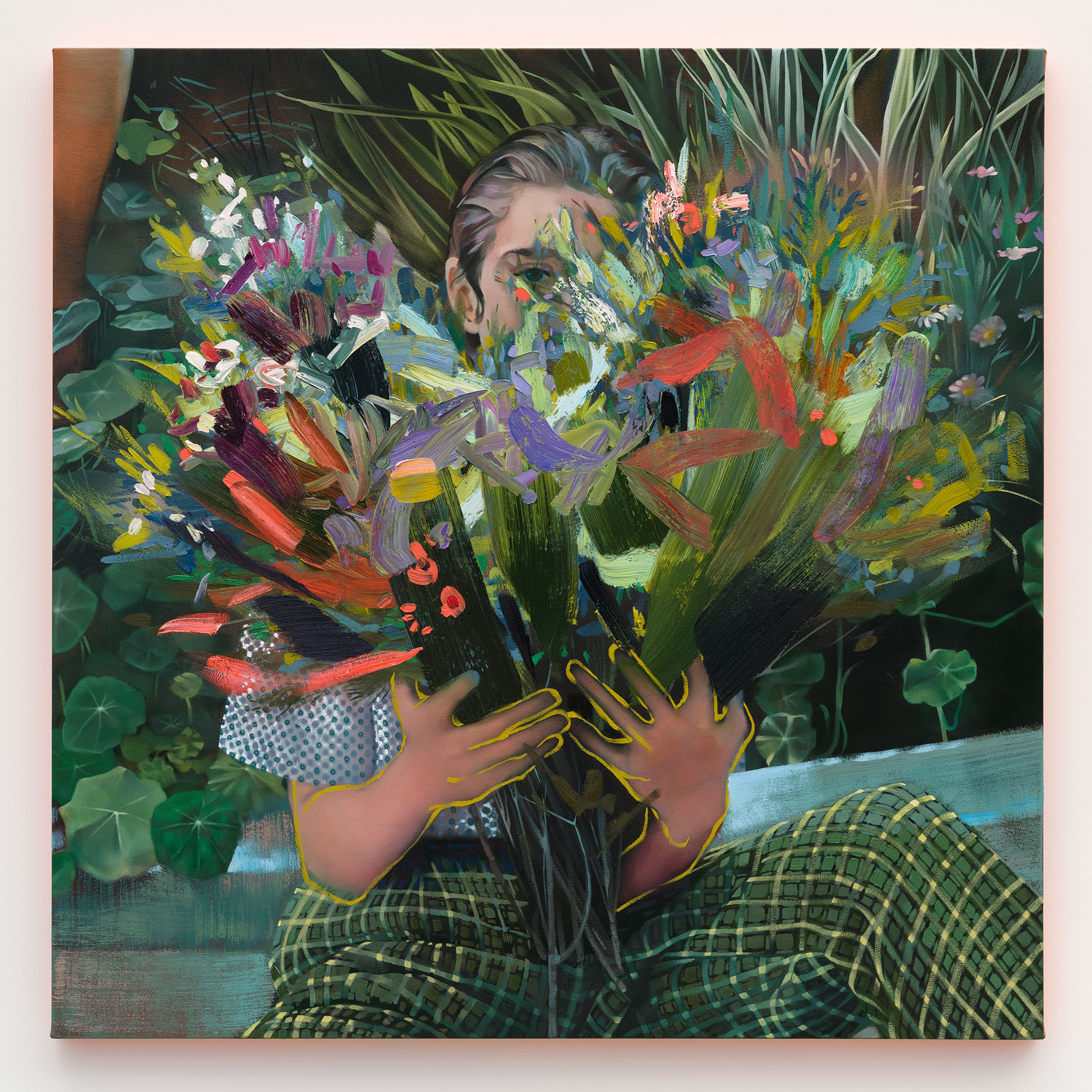 Rebecca Campbell / 
Angus with Flowers, 2022 / 
oil on canvas / 
48 x 48 in. (121.9 x 121.9 cm)