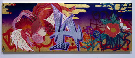 Gajin Fujita  / 
L.A. L.A. Land, 2001 / 
spray paint, acrylic, silver & gold leaf on wood panels / 
18 x 41 in (45.7 x 104.1 cm) / 
Private collection 