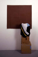 Steve DeGroodt / 
Paragraph, 1994 - 2000 / 
cardboard, clothing, acrylic, rubberized cloth / 
67 1/2 x 36 x 16 in (171.5 x 91.4 x 40.6 cm)