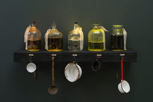 Alison Saar / 
Hades D.W.P., 2016 / 
etched glass jars, water, dye, wood, cloth and ink transfer, electronics, found ladles and cups / 
30 x 50 x 16 in. (76.2 x 127 x 40.6 cm) / Private collection