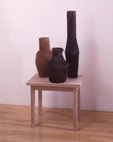 Edgard de Souza / 
Trio de Vasos (Trio of Vases), 2004 / 
cow hide and wood / 
51 x 24 x 18 in (130 x 60 x 45 cm) / 
Private collection
