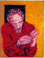 Tony Bevan / 
In Black, 1987 / 
pigment on canvas / 
82 x 63 in. (208.3 x 160 cm) / 
Private collection