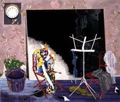 Tom Wudl / 
The pageantry of coefficience having concluded: Harlequin celebrates that knowledge which lies beyond the limits of experience, 2000 - 2002 / 
acrylic on canvas / 
72 x 84 in (182.9 x 213.4 cm) 