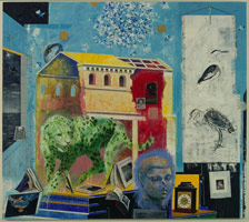 The Pavilion of the Miraculous, 1996 / 
acrylic on canvas / 
90 x 101 in (228.6 x 256.5 cm) / 
92 x 103 in (233.7 x 261.6 cm) (fr) / 
Private collection