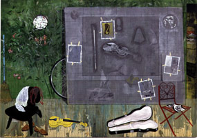 Tom Wudl / 
Desperate Mirror, 1999 / 
acrylic on canvas / 
84 x 120 in (213.4 x 304.8 cm) / 
88 x 125 in (223.5 x 317.5 cm)(fr) / 
Private collection 