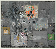 Tom Wudl / 
Associative Pluralities, 2005 / 
acrylic on canvas with collage, pencil & gold leaf / 
Unframed: 84 x 96 in. (213.4 x 243.8 cm) 
