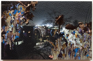 Tony Berlant / 
Nightlight, 2013-2014 / 
artist fabricated tin and found tin collaged on plywood panel with steel brads / 
28 x 43 in. (71.1 x 109.2 cm) / 
Private collection