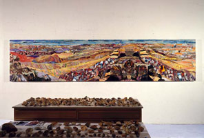 Tony Berlant / 
Painted Desert, 2001 / 
metal collage on plywood w/ steel brads / 
48 x 216 in. (121.9 x 548.6 overall) overall (3 panels) / 
Private collection, Santa Monica, CA 