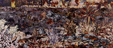 Tony Berlant / 
Yesterday, Today and Tomorrow, 2004
found and fabricated printed tin collaged on plywood with steel brads
36 x 84 in (91.4 x 213.4 cm)
Private collection, Greenwich, CT 