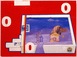 Sighting, 1992 / 
Found and fabricated printed tin collage on plywood with steel brads / 
20 1/8 x 27 in (51.1 x 68.6 cm)