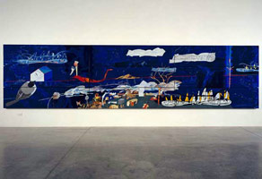 Tony Berlant / 
With In, 1995 / 
found tin on plywood with steel brads / 
6 x 18 ft (182.9 x 548.6 cm) 